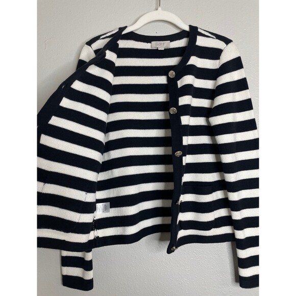 LOFT Black White Striped Cardigan Parisian Chic Minimalist Size M - Picture 4 of 6